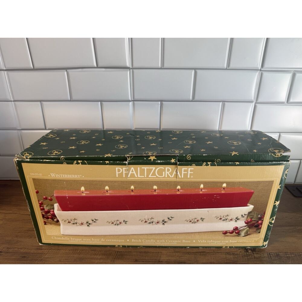 Pfaltzgraff Winterberry Red Brick Candle 7 Light Wick 16” Ceramic Base In Box